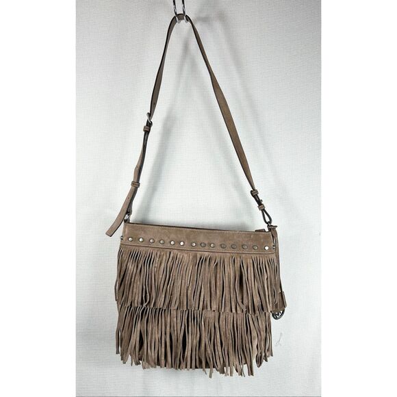 Michael Kors Billy Fringe Boho Crossbody Bag Taupe Suede Studded Western Style - Picture 2 of 16